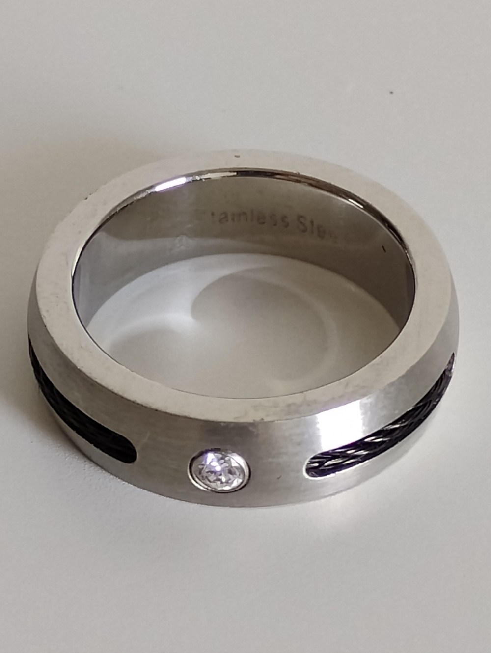 Stainless Steel Ring with Black Cable Inlay and Clear Stone Size 10